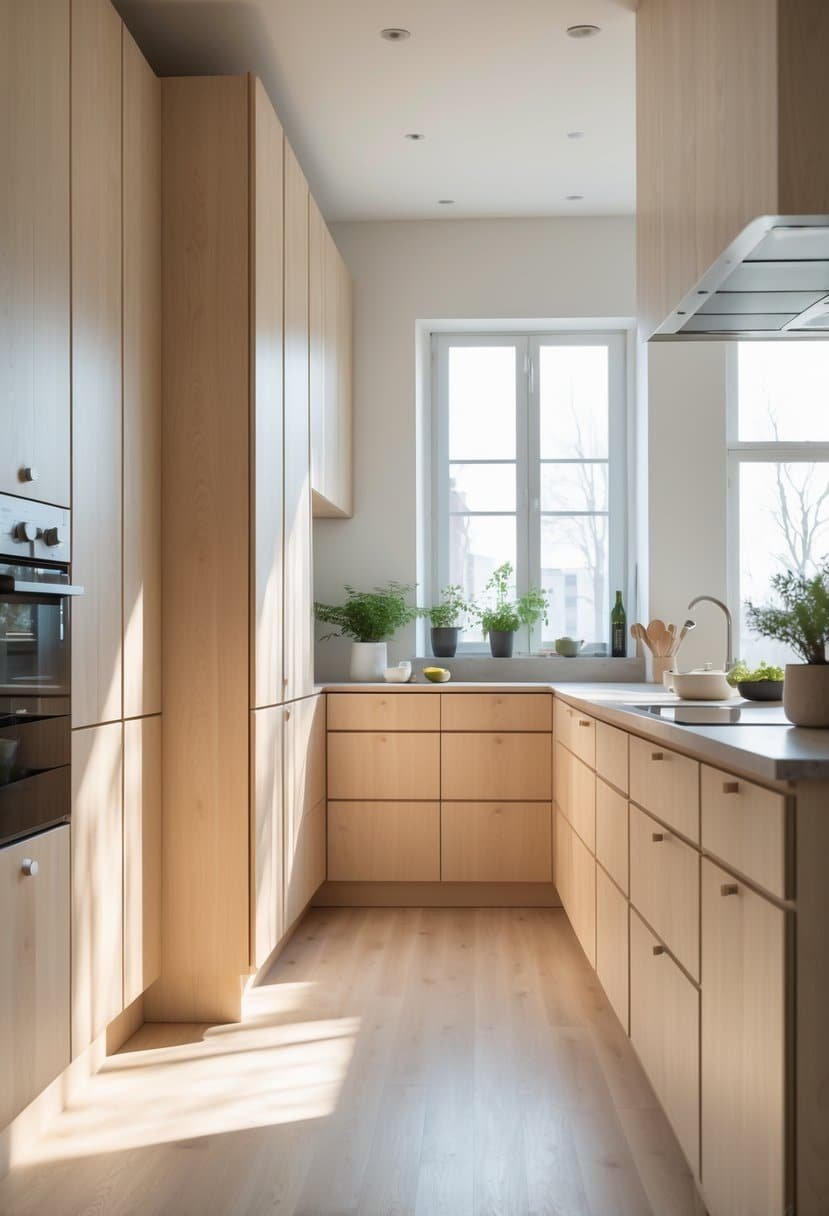 A modern kitchen interior with light wood wardrobes and natural lighting.
