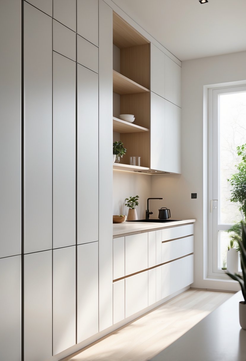 A bright kitchen with minimalist cabinets that have smooth, handleless doors and a clean countertop.