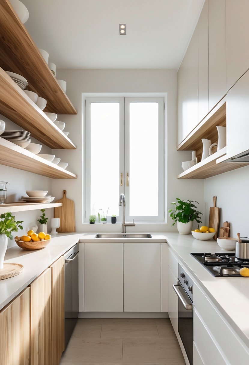A modern kitchen with open shelves displaying dishes and closed cabinets for storage.