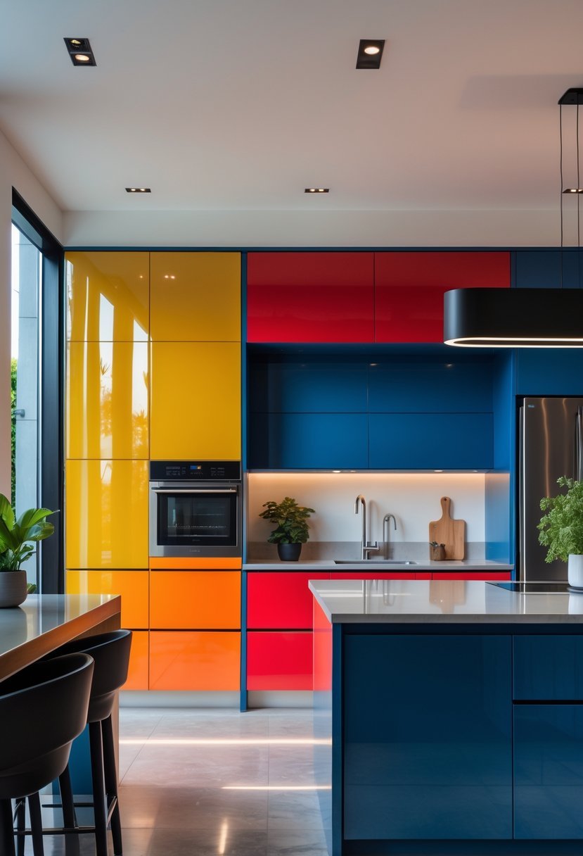 A modern kitchen with colorful cabinets, a central island, and large windows letting in natural light.