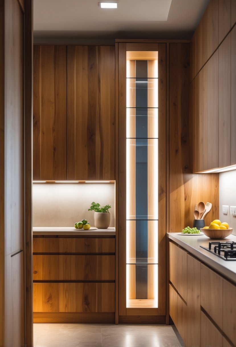 A modern kitchen with warm wood finish wardrobes featuring built-in lighting illuminating the cabinets.