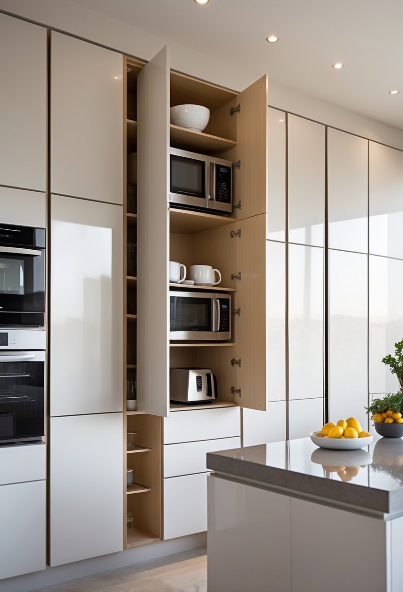 A modern kitchen with tall cabinets featuring hidden compartments for appliances, showing some open doors revealing built-in kitchen devices.