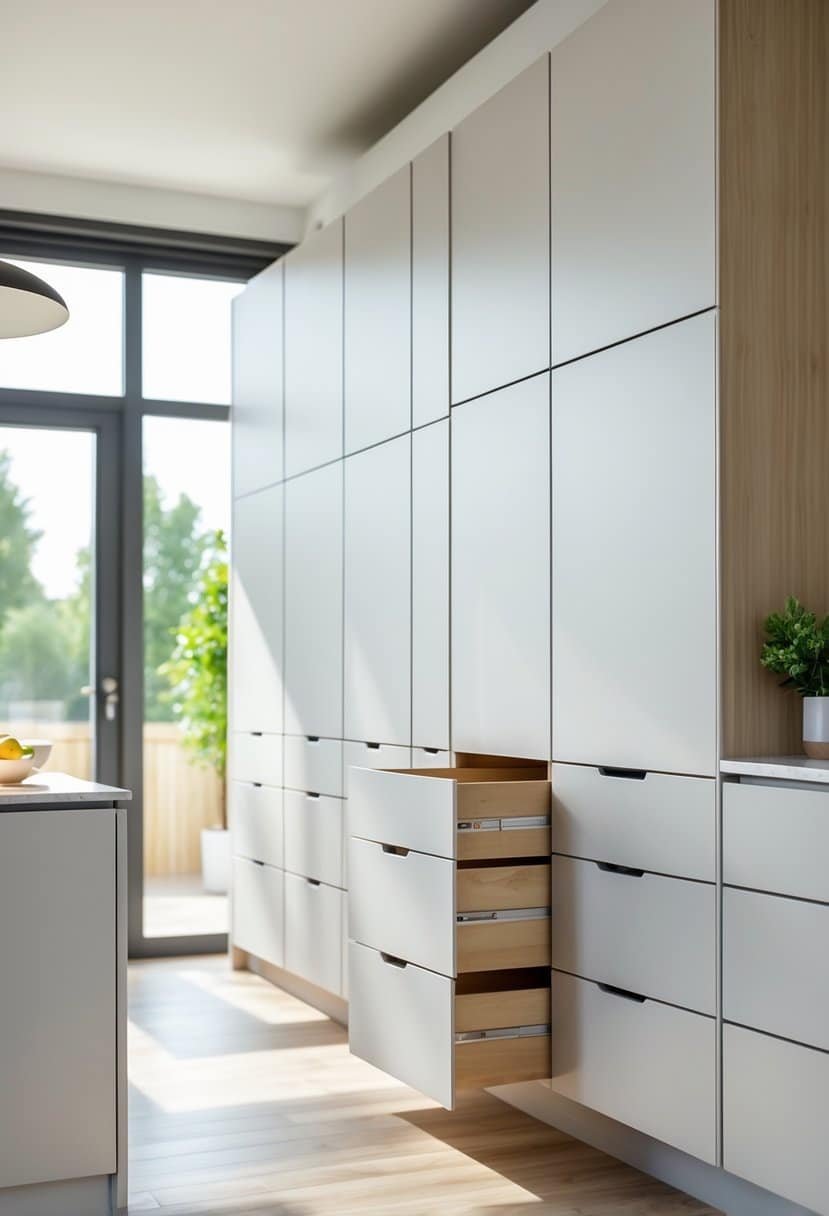 A bright kitchen with multiple cabinets and drawers, some slightly open, showing a clean and organized cooking space.