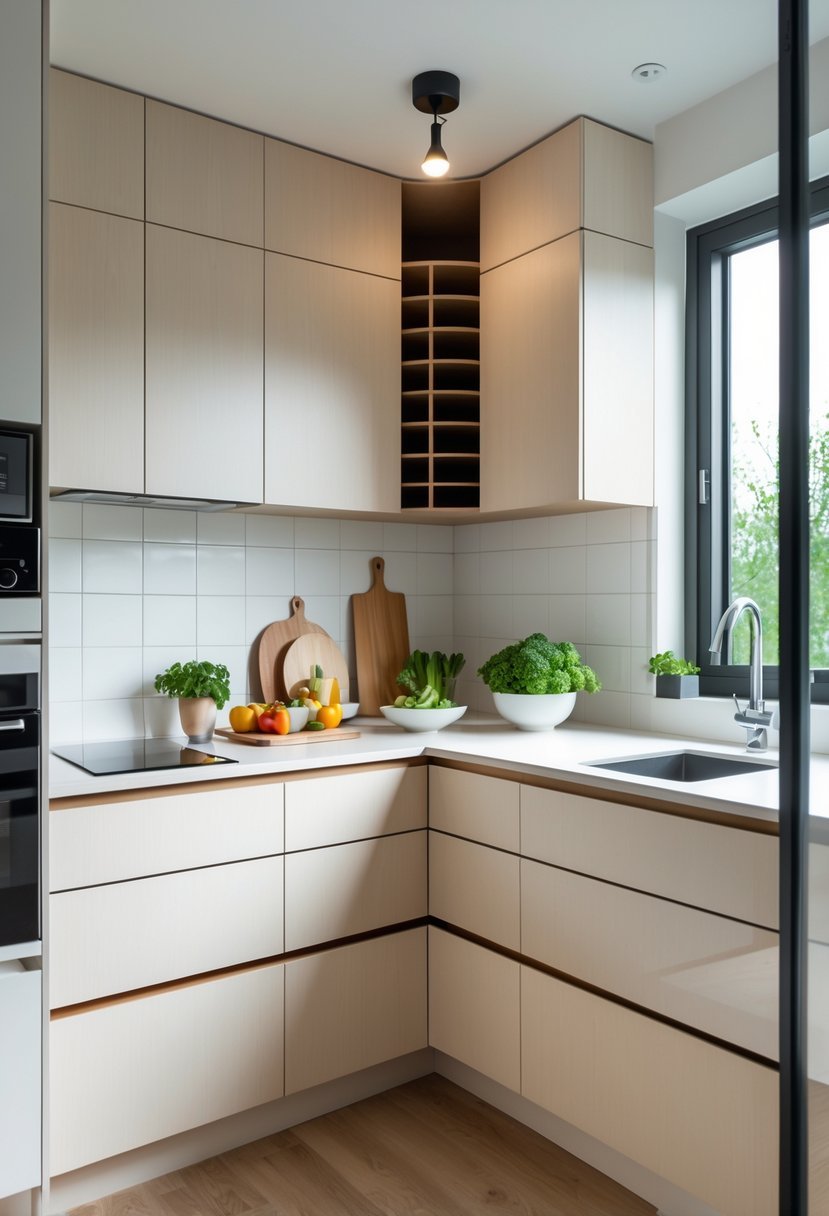 A bright kitchen corner with compact wardrobes and organized storage, featuring a countertop with kitchen essentials and natural light coming through a window.