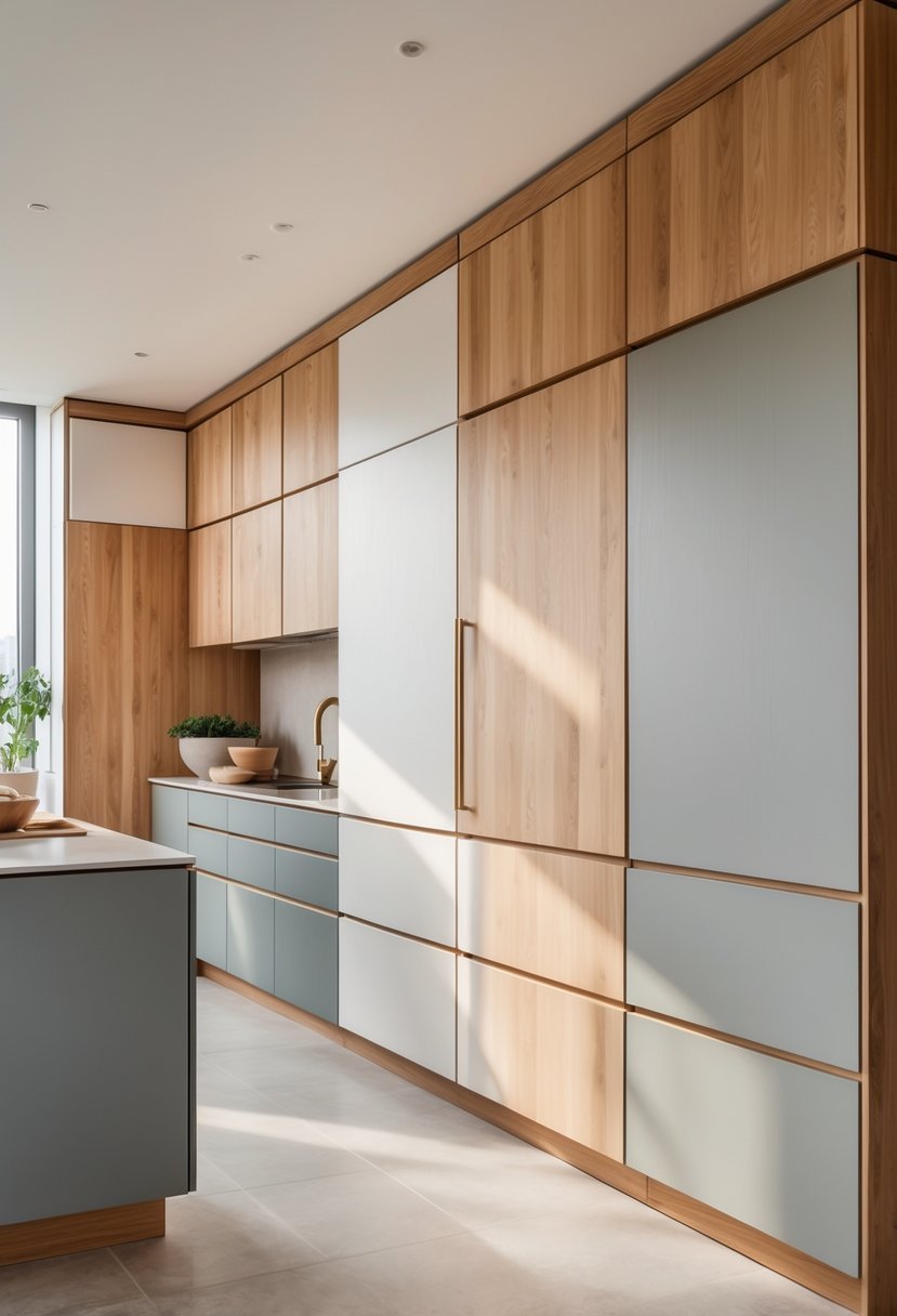 A modern kitchen with cabinets that combine wood and painted surfaces in two-tone colors.