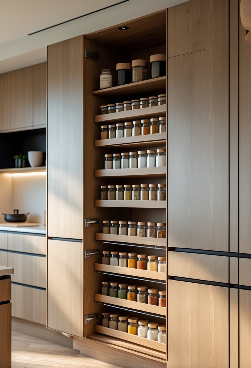 A modern kitchen wardrobe with built-in spice racks holding various spice jars, showcasing organized storage.