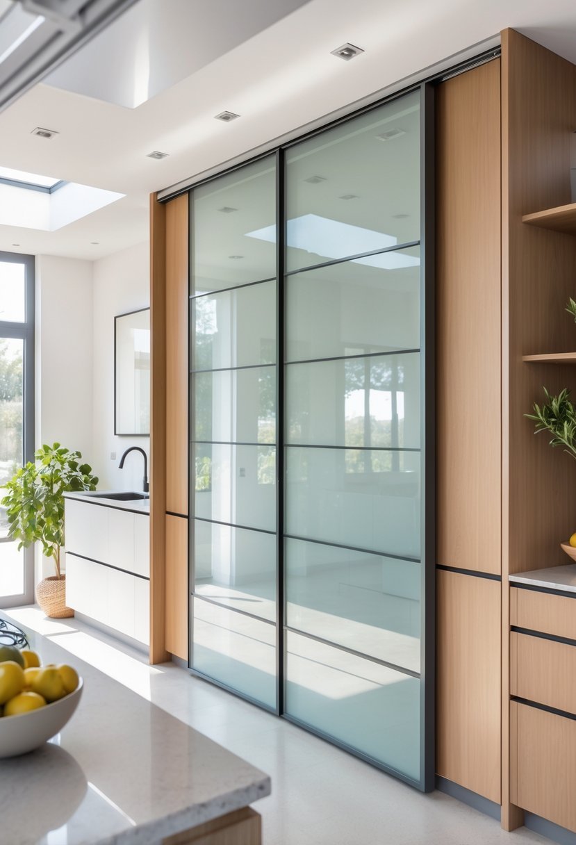 A modern kitchen with sliding door wardrobes designed to save space, featuring clean countertops and natural lighting.