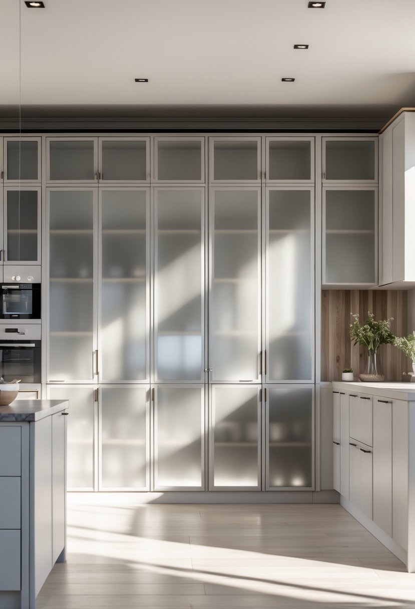 A modern kitchen with wardrobes that have frosted glass panels on the doors.