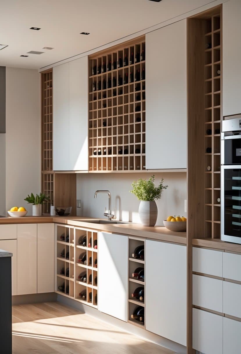 A modern kitchen with built-in wine racks integrated into kitchen wardrobes, displaying wine bottles neatly arranged in various compartments.