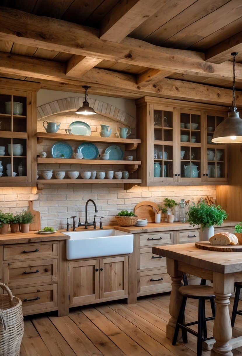 A warm kitchen with wooden cabinets, open shelves, a farmhouse sink, and a wooden island with bar stools.