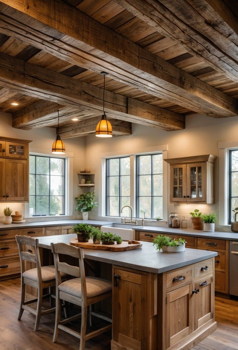 A kitchen with large reclaimed wood ceiling beams, a stone countertop island, wooden cabinets, and natural light coming through windows.