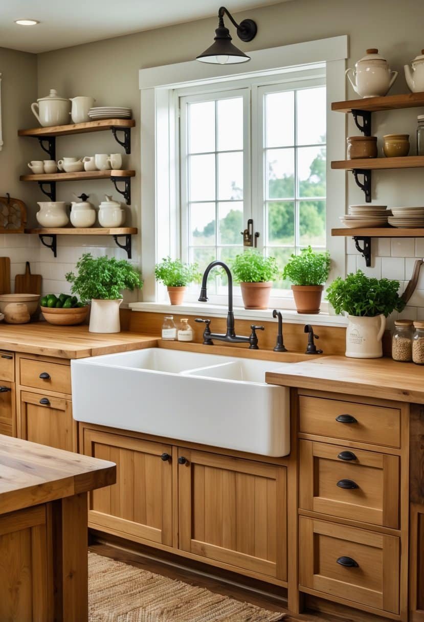 A kitchen with a large white apron-front sink, wooden countertops, and shelves with dishes and jars, lit by natural light from a window.