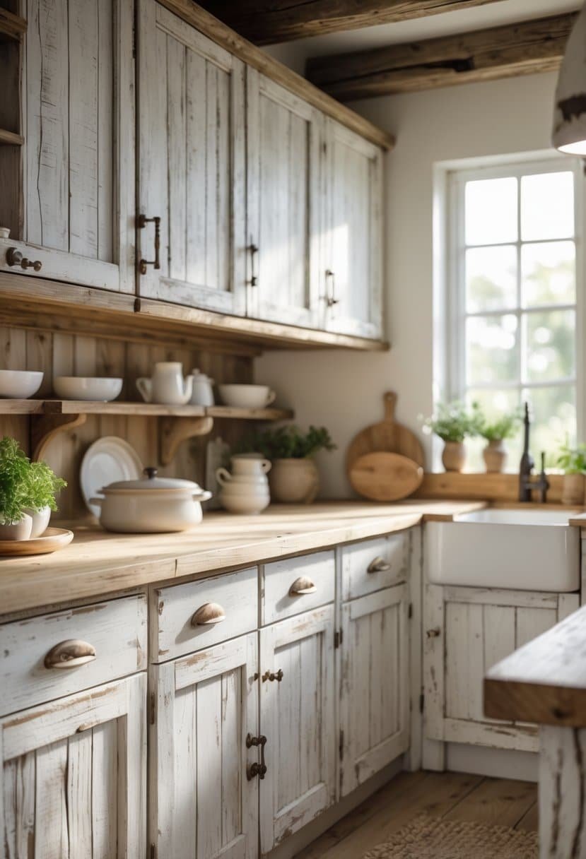 A kitchen with whitewashed distressed wooden cabinets, wooden countertops, open shelves with dishes, and natural light coming through a window.