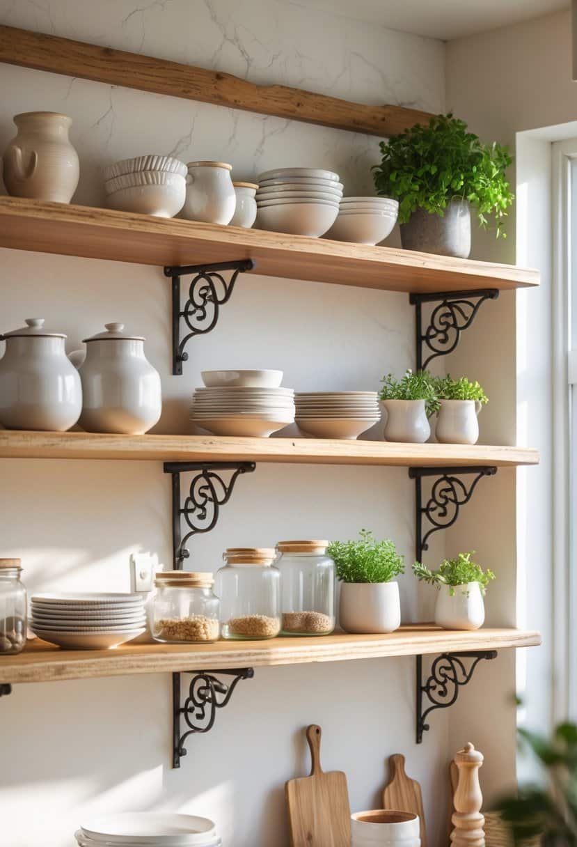 Open kitchen shelves with wooden boards and black metal brackets holding dishes, jars, and plants.