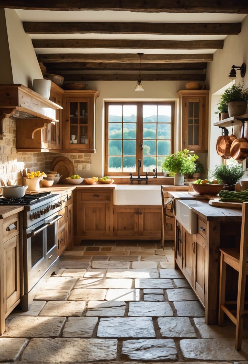A kitchen with stone tile flooring, wooden cabinets, a dining table, and sunlight coming through a window.