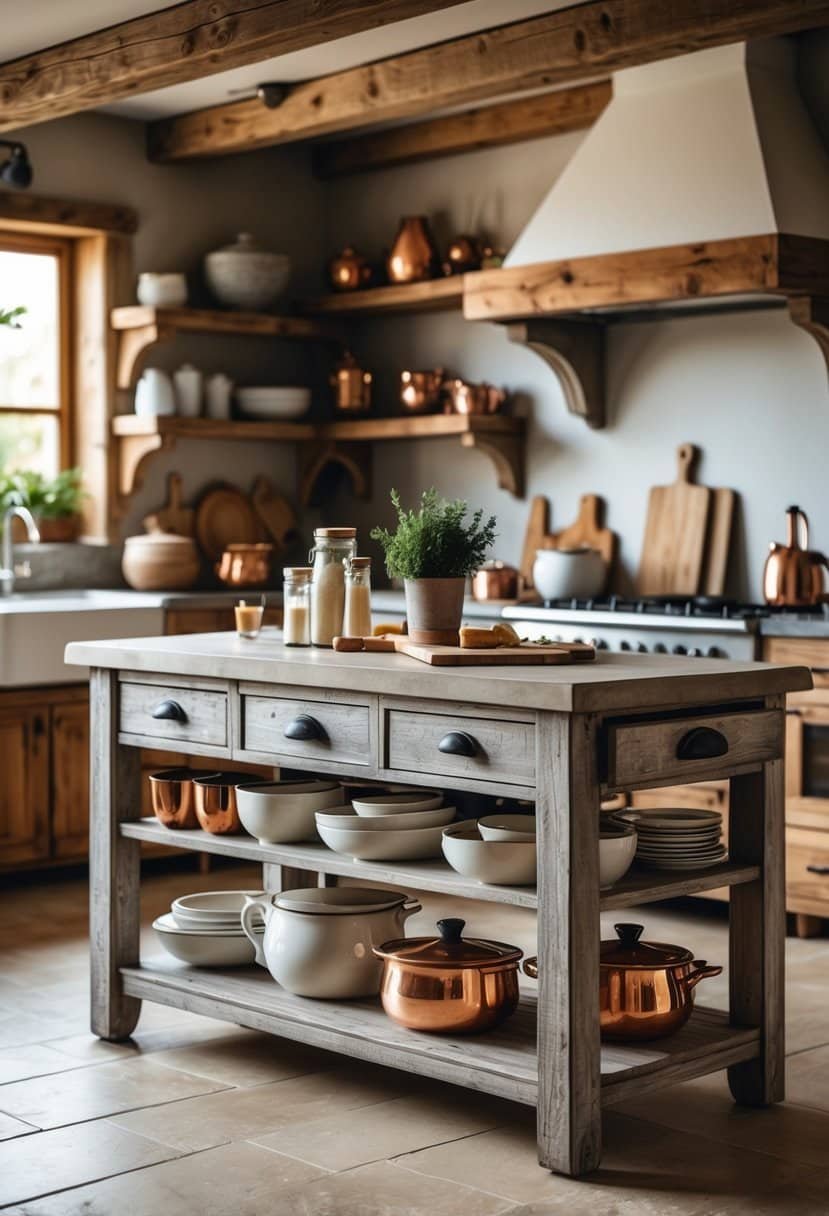 A kitchen island with storage drawers and shelves in a warm, cozy kitchen setting.
