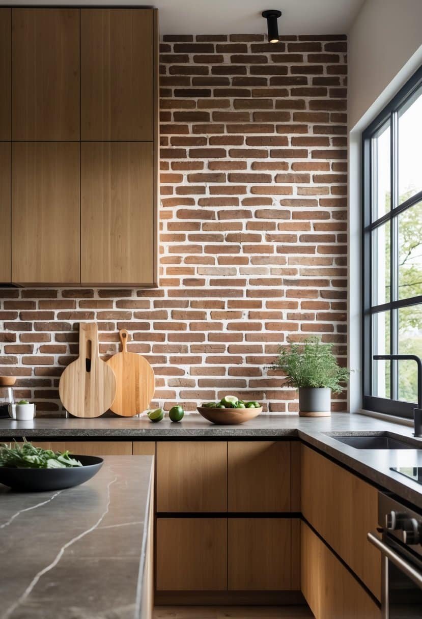 A kitchen with an exposed brick backsplash, wooden cabinets, stainless steel appliances, and a stone countertop with kitchen accessories.