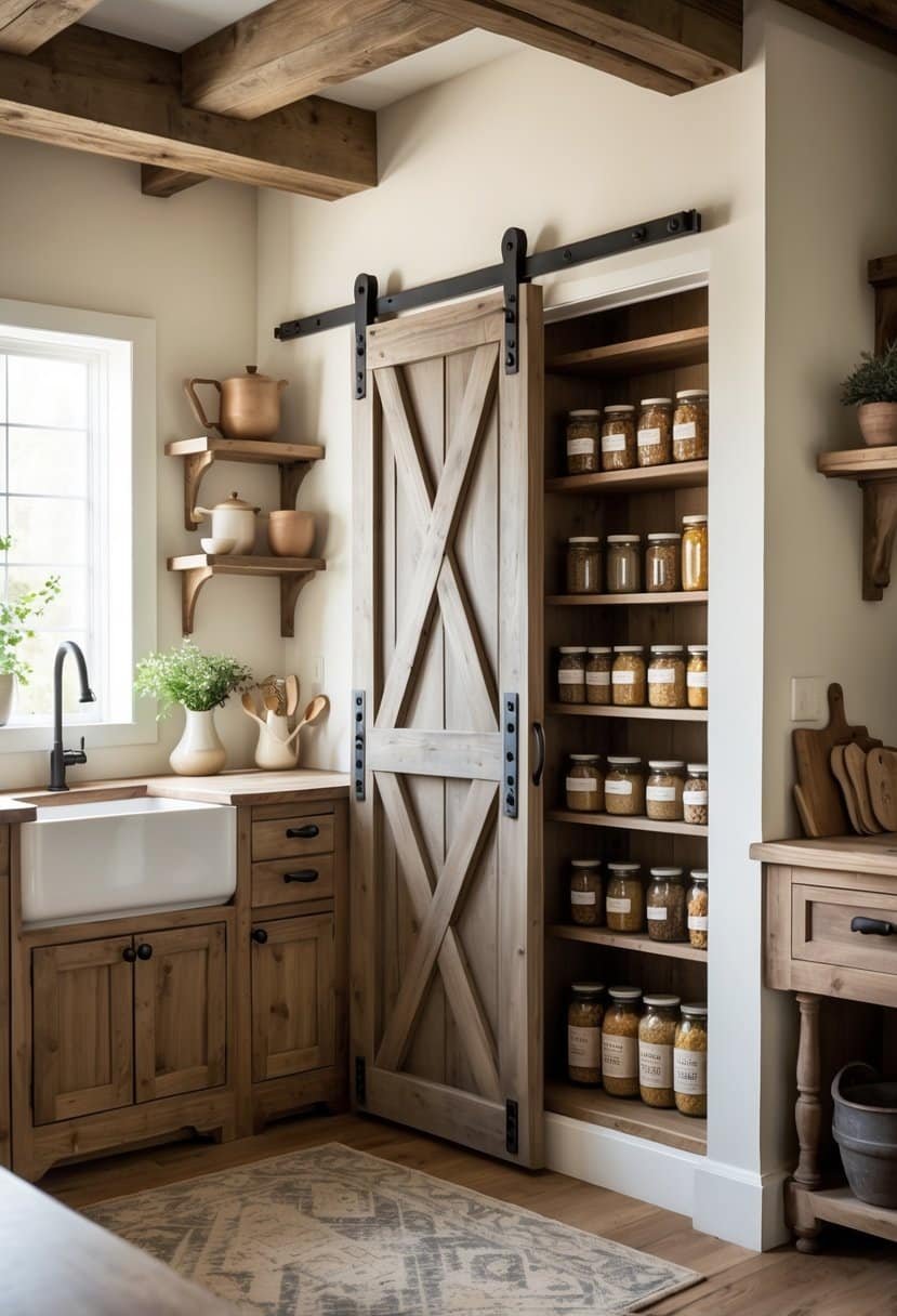 A kitchen with a wooden barn door pantry open to show organized shelves filled with jars and kitchen supplies.