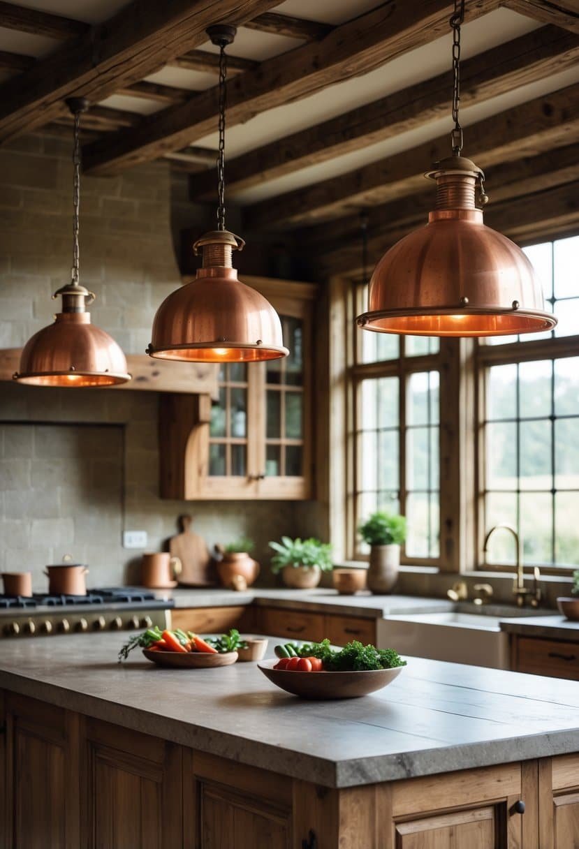 A kitchen interior with copper pendant lights hanging over a wooden island and natural light coming through windows.