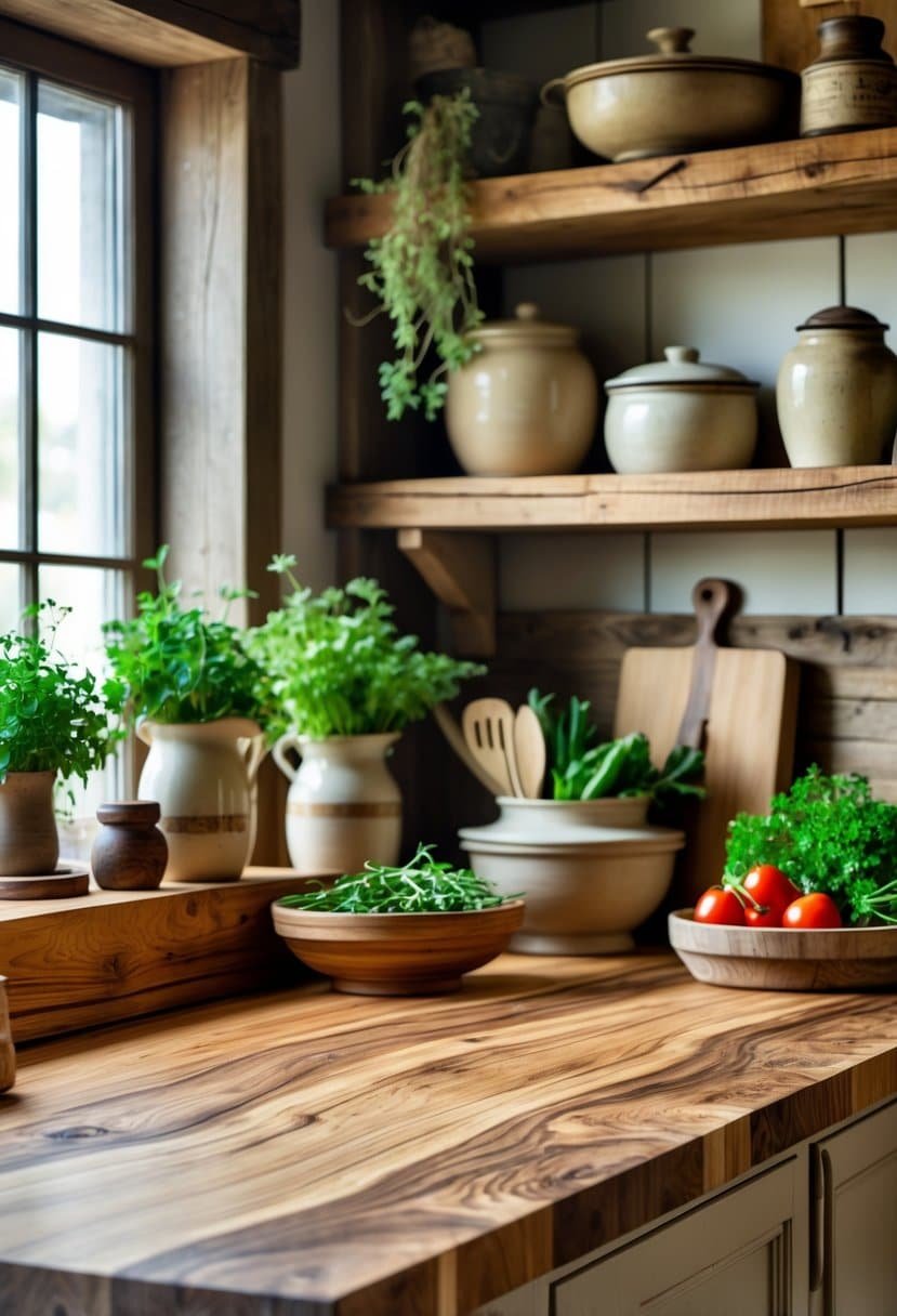 A kitchen with wooden butcher block countertops, fresh herbs, and kitchen accessories on the counter.