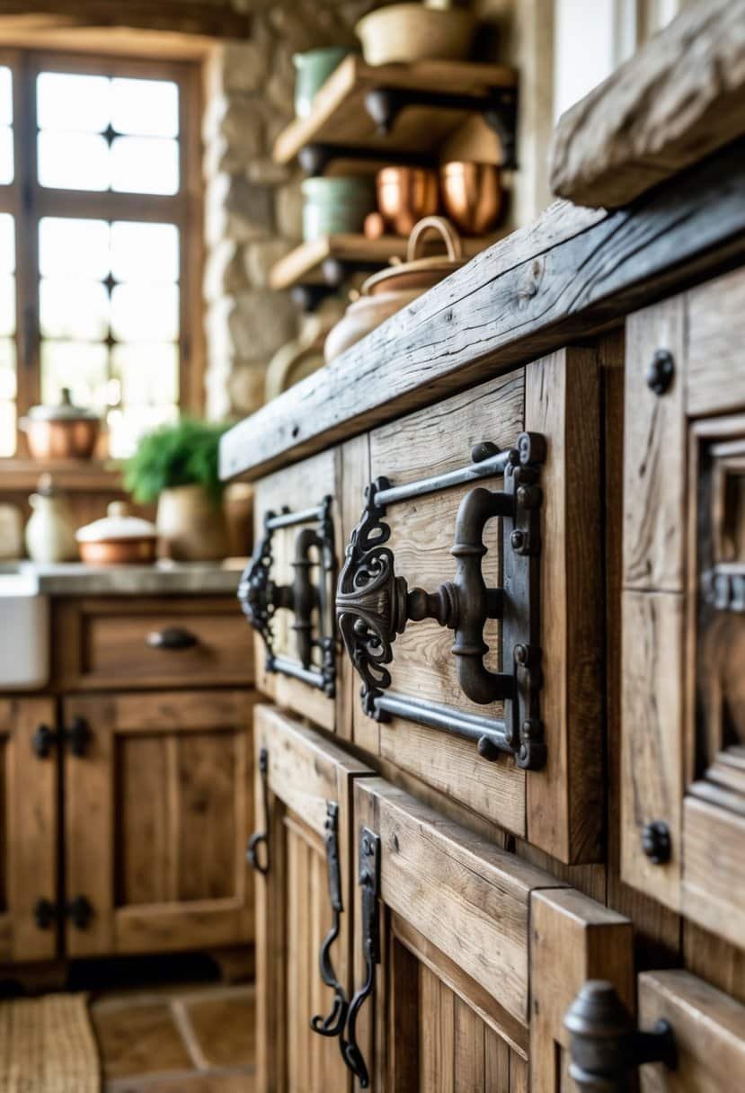Close-up of antique wrought iron hardware on wooden kitchen cabinets in a warm, cozy kitchen setting.
