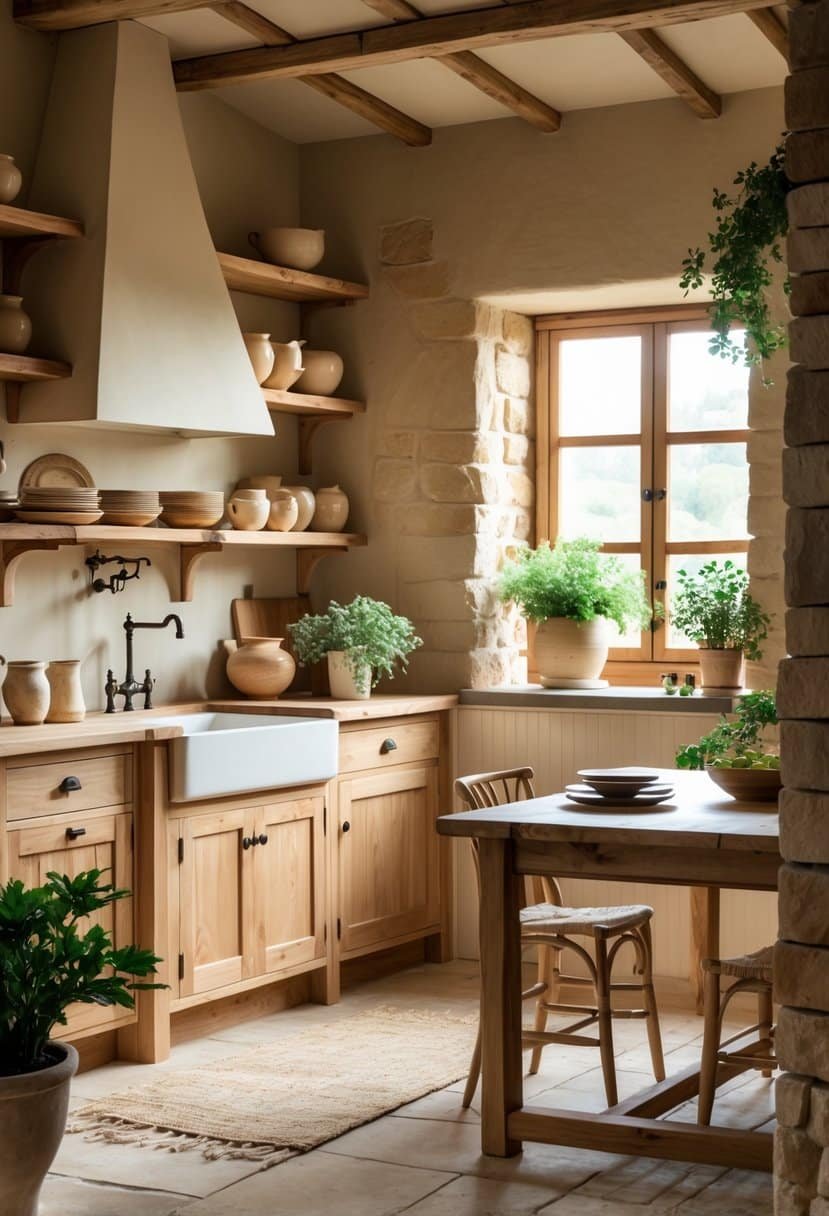 A cozy kitchen with wooden cabinets, a farmhouse sink, a wooden dining table, and plants near a window.