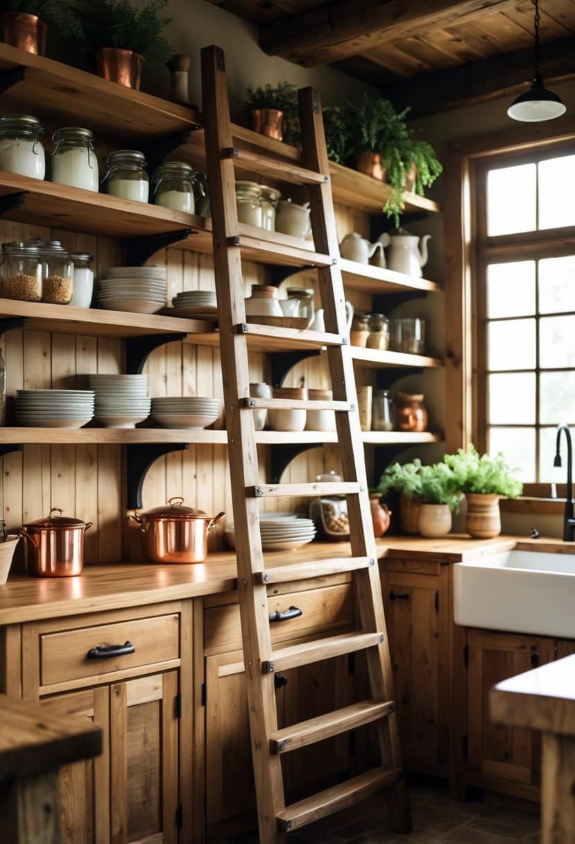 Wooden ladder leaning against tall kitchen shelves filled with dishes and plants in a warm kitchen.
