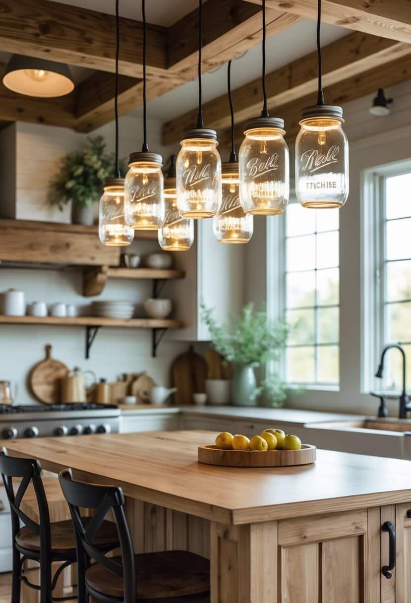 A kitchen interior with mason jar pendant lights hanging above a wooden island surrounded by rustic kitchen elements.