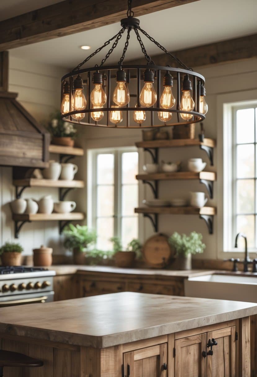 A kitchen interior with a wooden island and a chandelier with glowing Edison bulbs hanging above it.