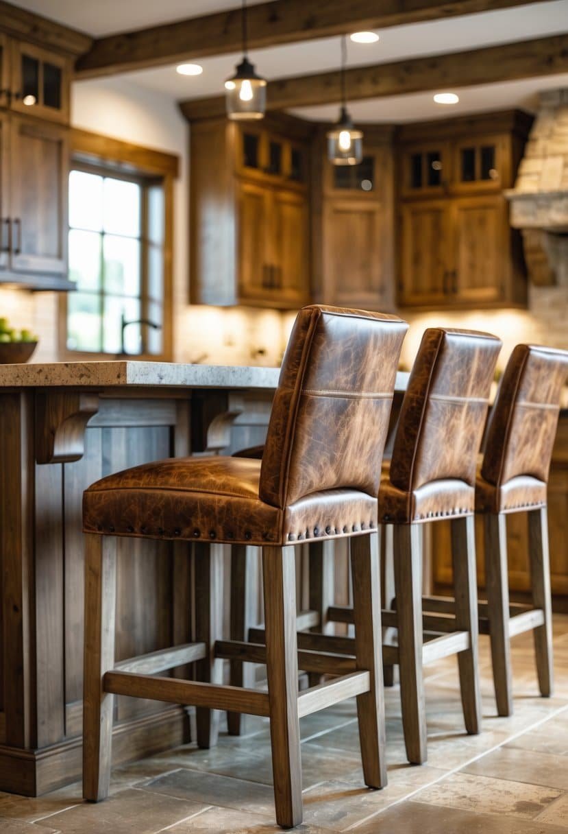 A kitchen with distressed leather bar stools lined up at a wooden island under warm lighting.