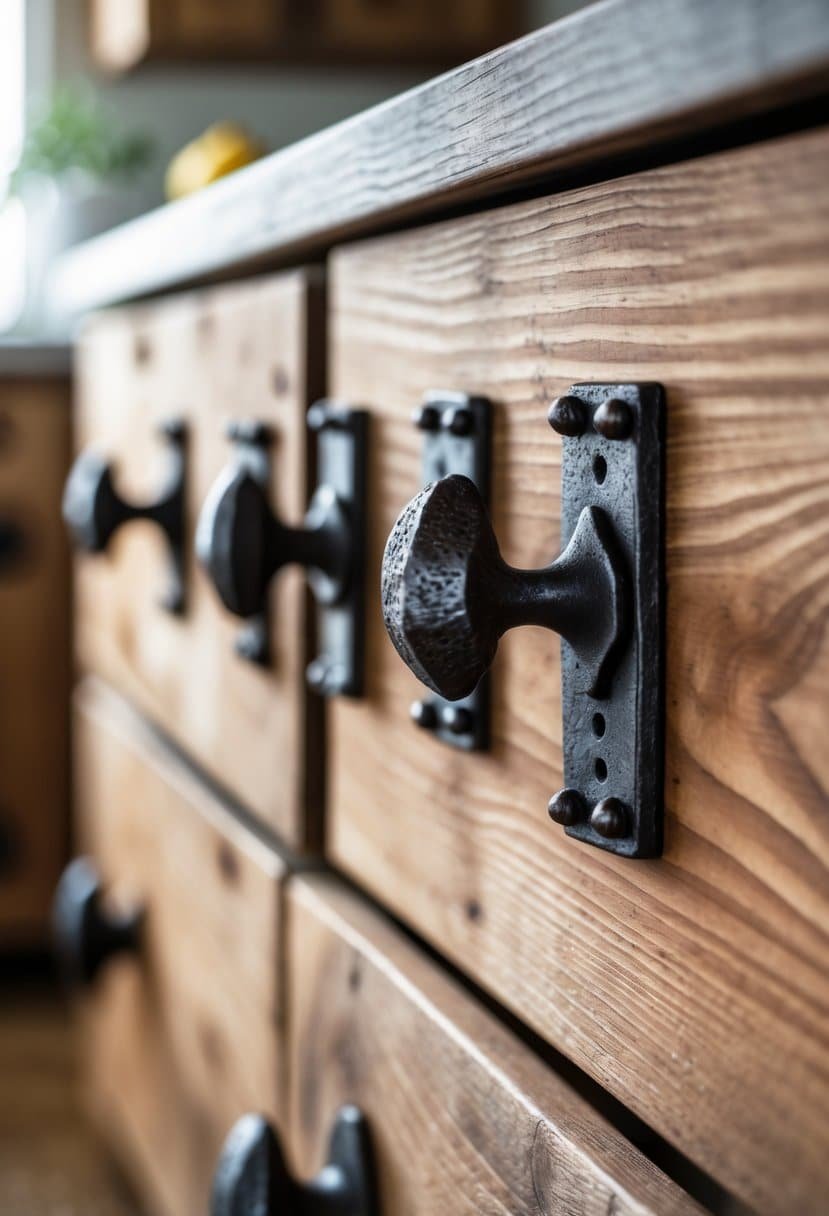 Close-up of iron drawer pulls on wooden kitchen drawers.