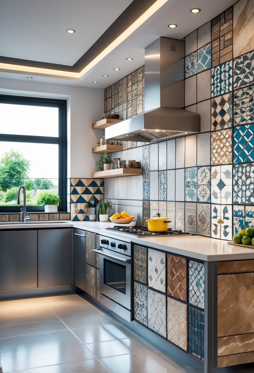 A modern kitchen interior showing a variety of different tile designs on the walls and backsplash.