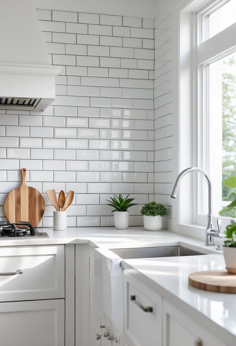 A bright kitchen interior with a white tiled backsplash, countertop, and kitchen accessories.