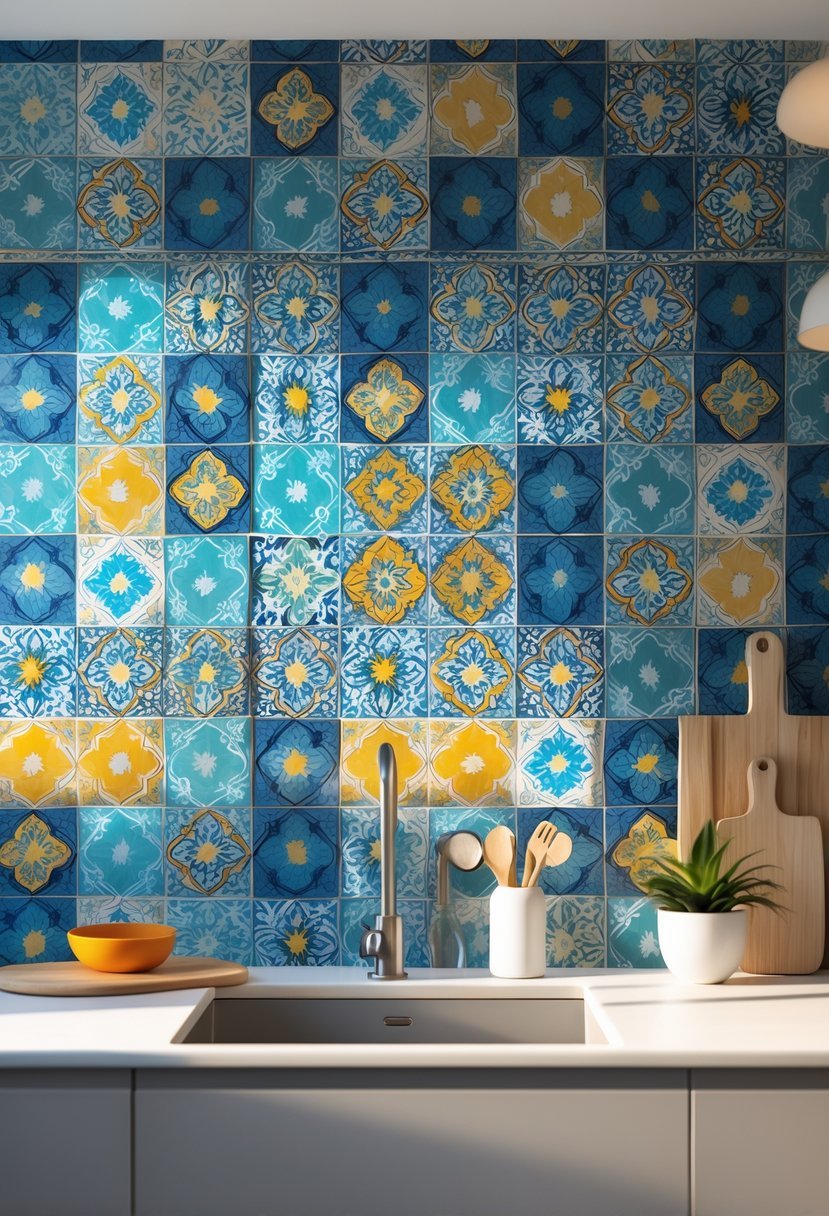 A kitchen backsplash with colorful patterned tiles behind a countertop with a cutting board, plant, and utensils.