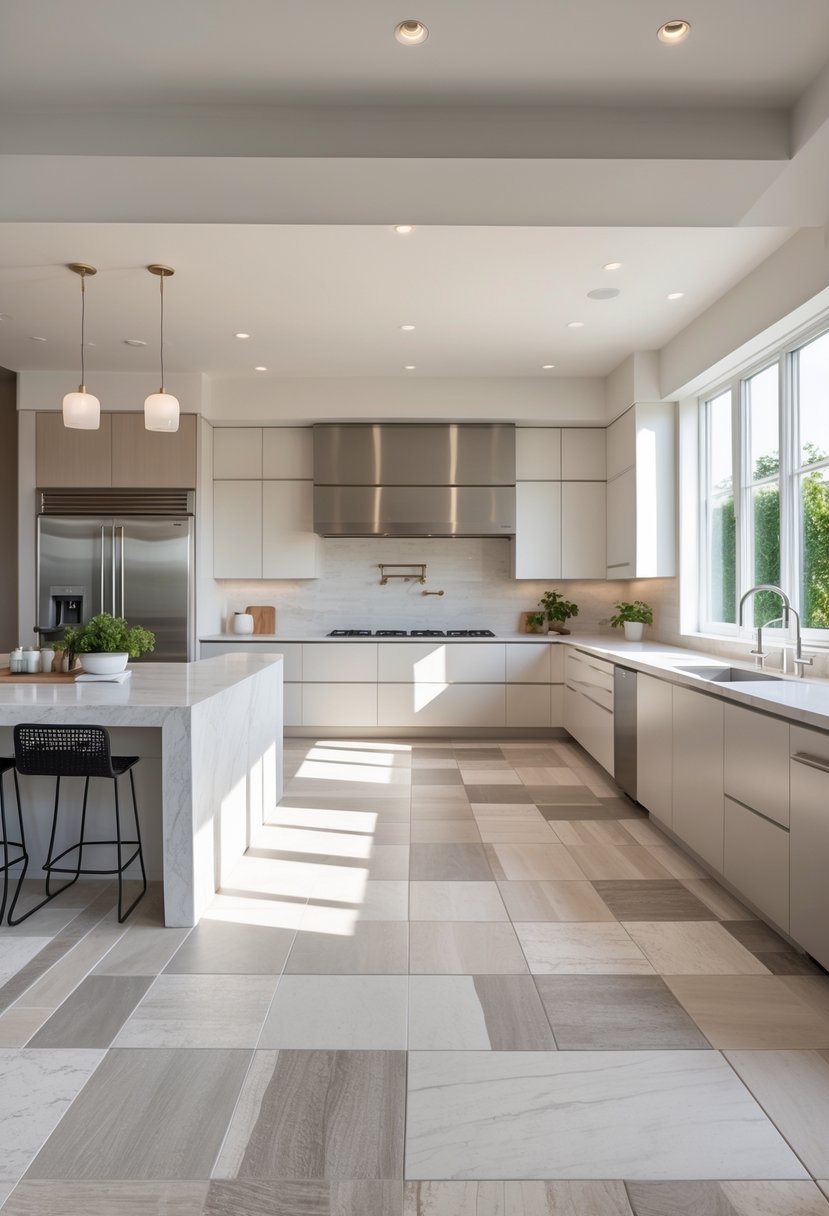 A modern kitchen with large porcelain tile flooring and backsplash, featuring a kitchen island, cabinets, and stainless steel appliances.