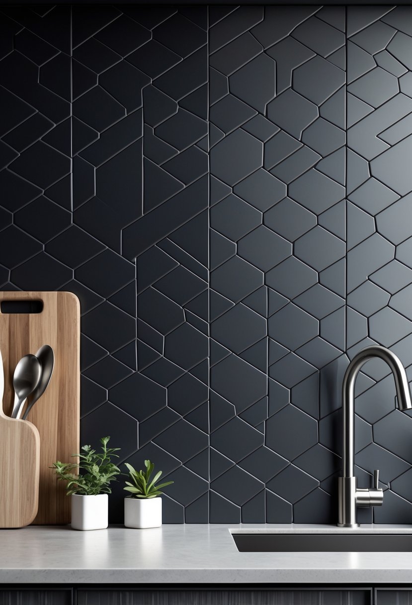 Close-up view of hexagonal matte black tiles on a kitchen backsplash with a countertop and kitchen items nearby.