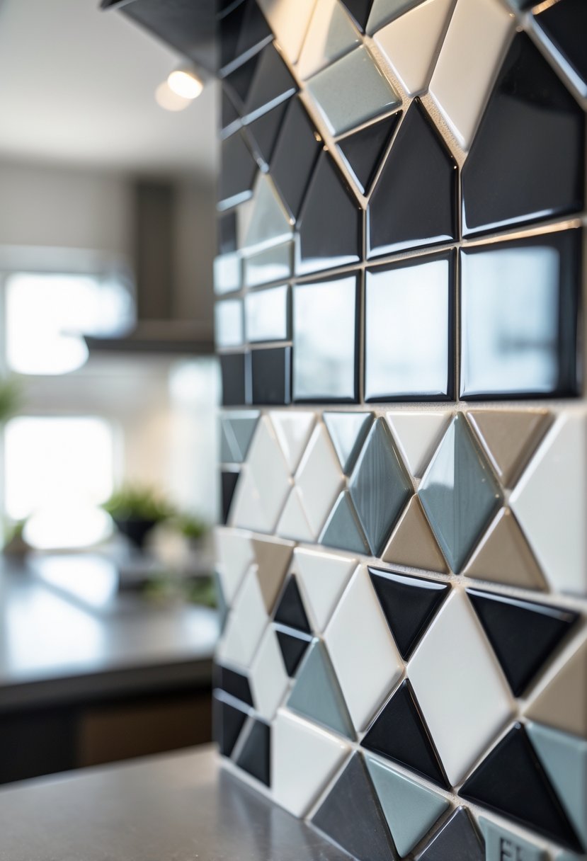 Close-up of a kitchen backsplash with various geometric patterned tiles in different shapes and colors.