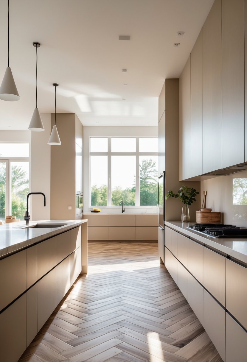 A bright kitchen with a patterned wood-look tile floor and modern cabinetry.