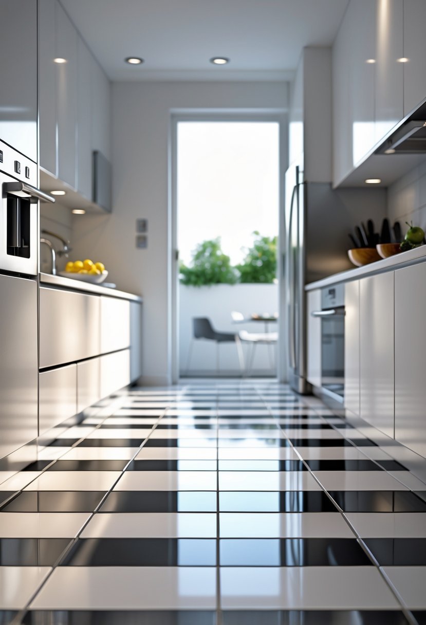A kitchen floor with black and white checkerboard tiles and modern kitchen cabinets in the background.