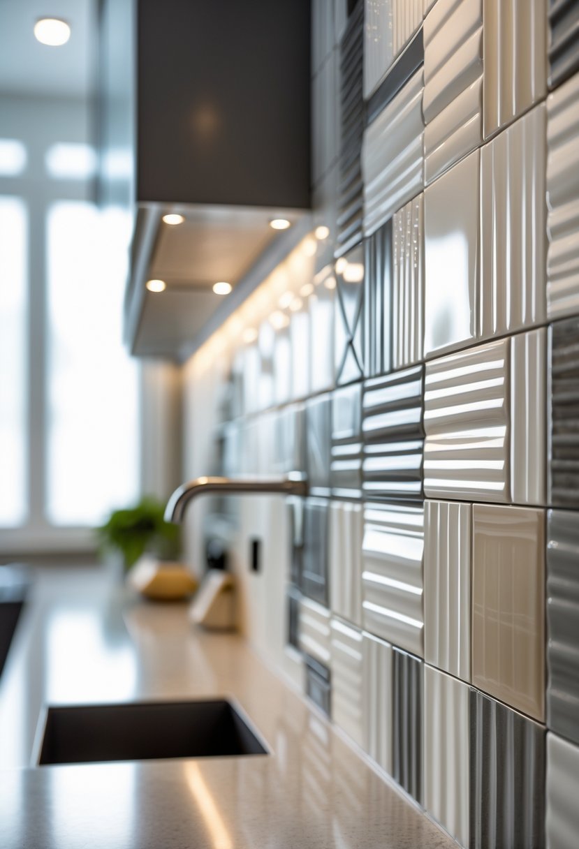 Close-up view of textured ceramic tiles arranged on a kitchen backsplash with a blurred countertop in the background.