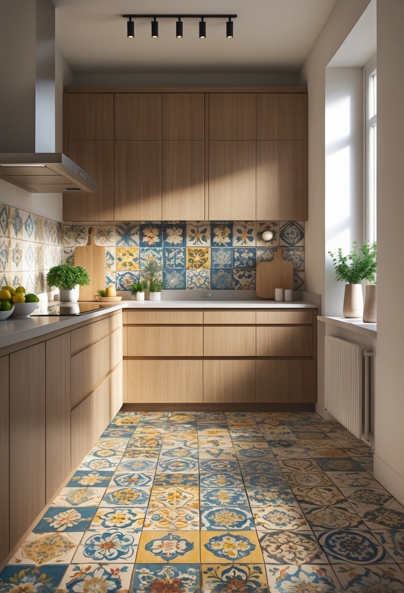 A modern kitchen with wooden cabinets and colorful patterned tiles on the floor and backsplash.