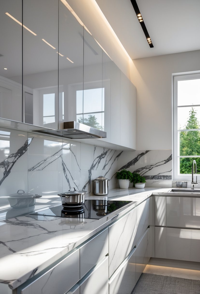 A modern kitchen with glossy marble-effect tiles on the backsplash and countertop, featuring sleek cabinets and stainless steel appliances.