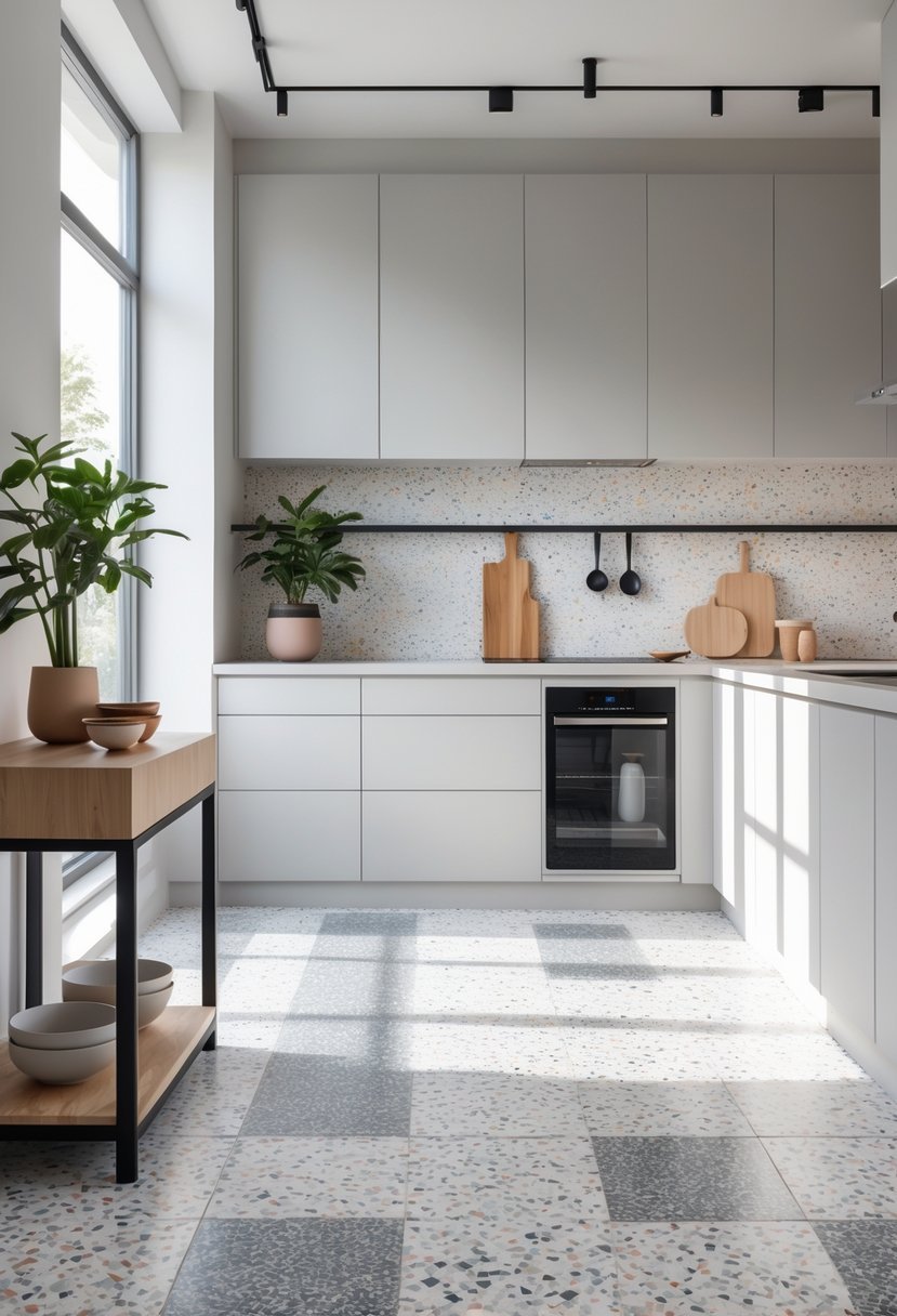 A modern kitchen with terrazzo composite tiles on the floor and backsplash, featuring a clean countertop with kitchen accessories and natural light coming through large windows.
