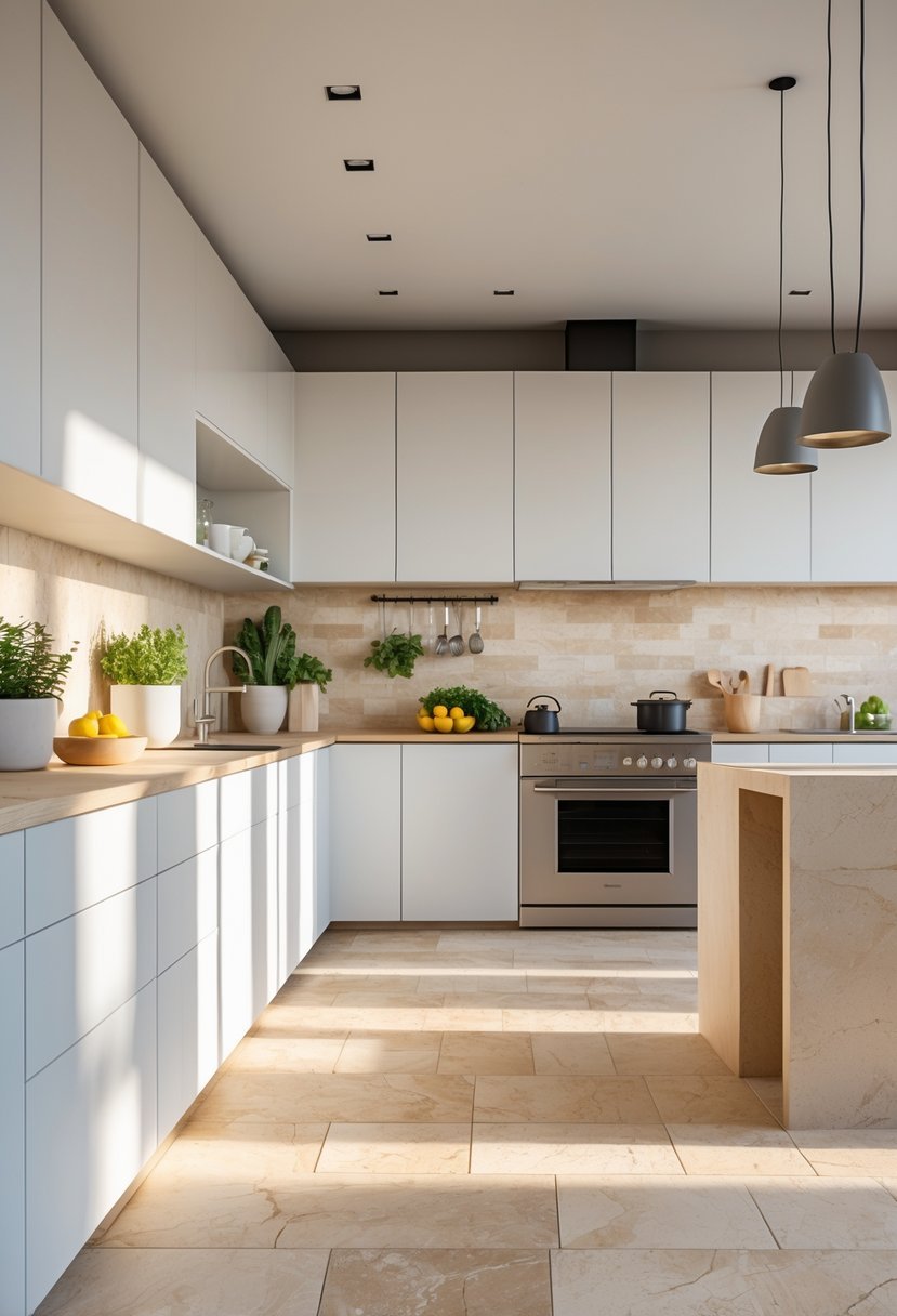 A bright modern kitchen with beige travertine tile floor and backsplash, white cabinets, and stainless steel appliances.