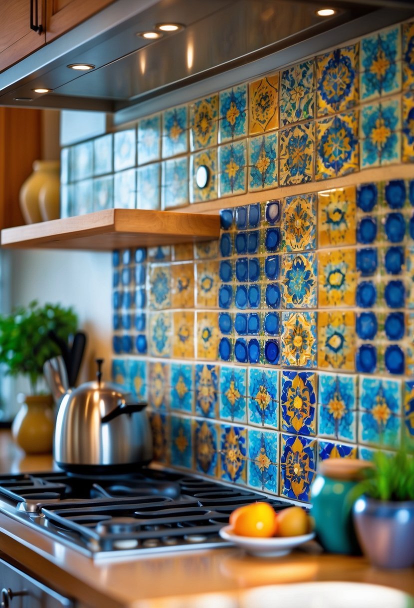 A kitchen backsplash and countertop decorated with colorful mosaic tiles in blue, yellow, orange, and green patterns, with modern kitchen fixtures and natural lighting.