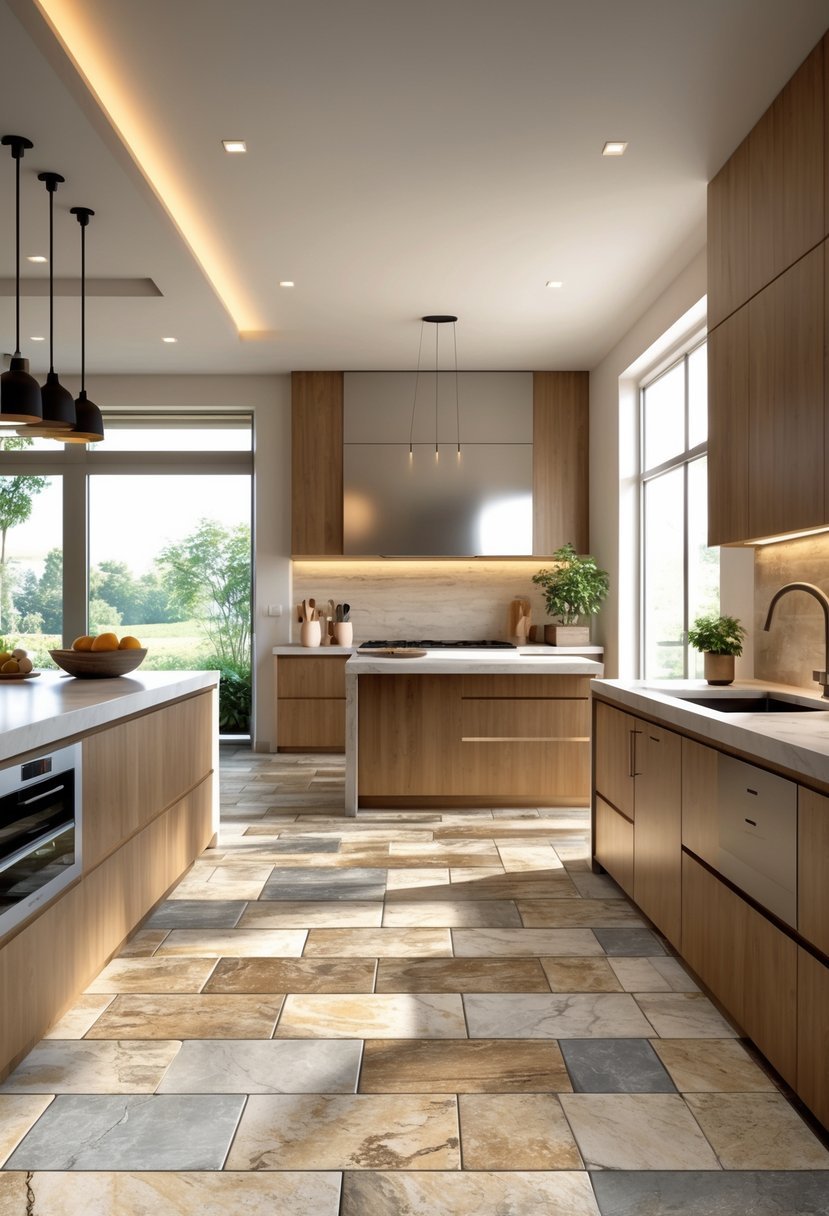 A bright kitchen with stone-look tiled floor and backsplash, wooden cabinets, and a marble countertop island with fruit and a plant.