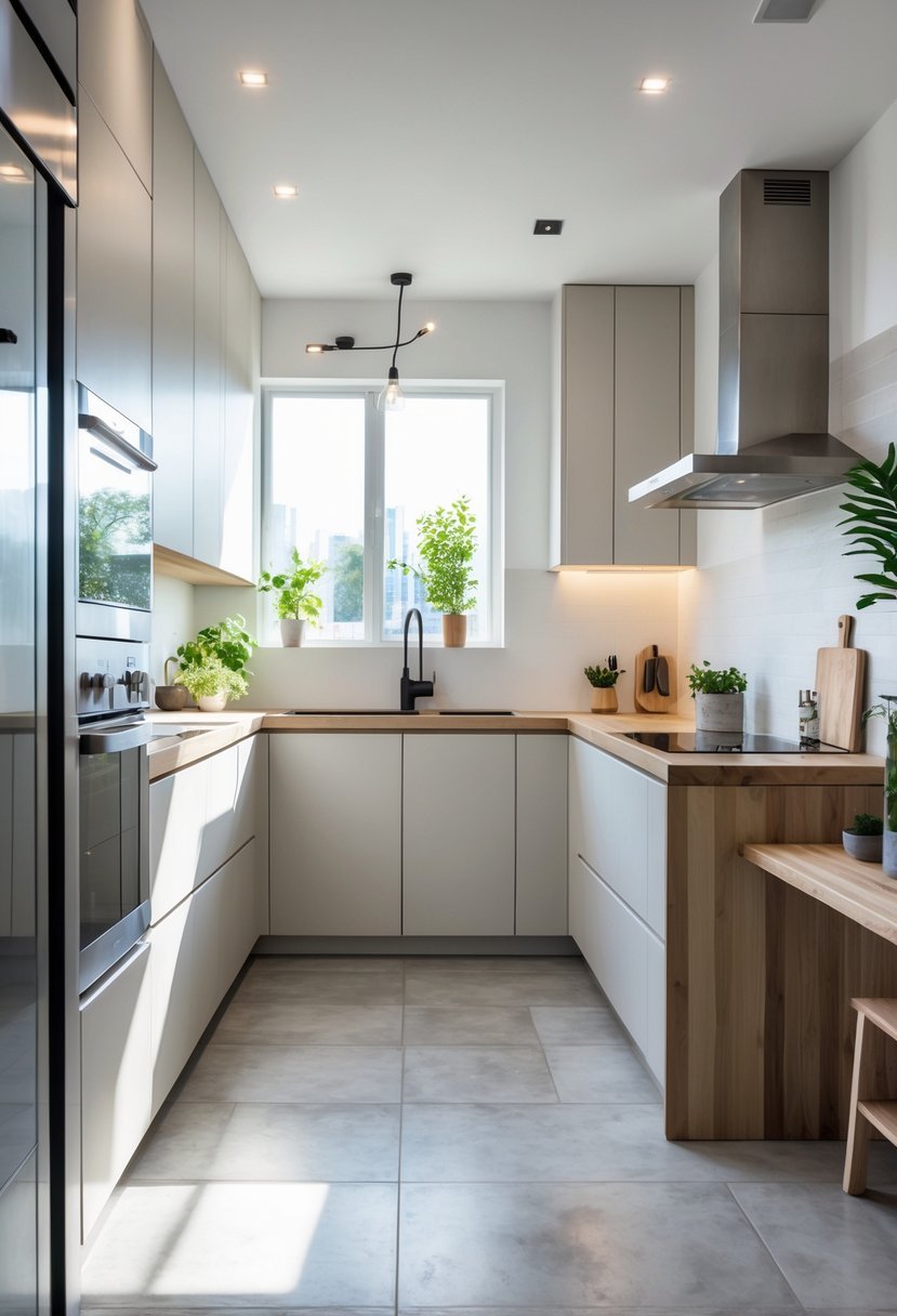 A modern kitchen with concrete-effect tiles on the floor and backsplash, featuring minimalist cabinets, stainless steel appliances, and a wooden countertop island.