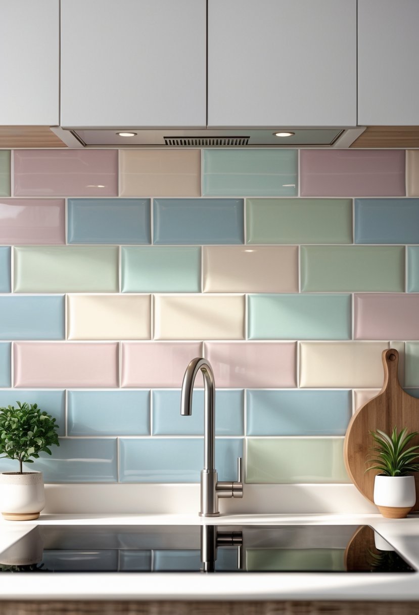 Close-up of a kitchen backsplash with pastel-colored ceramic tiles and a countertop with a plant and cutting board.