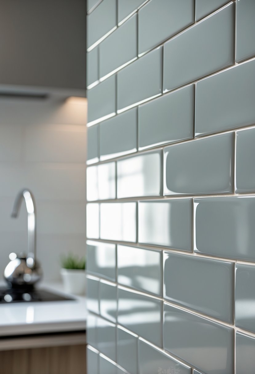 Close-up of a kitchen backsplash with glossy gray subway tiles and part of a modern countertop and faucet.