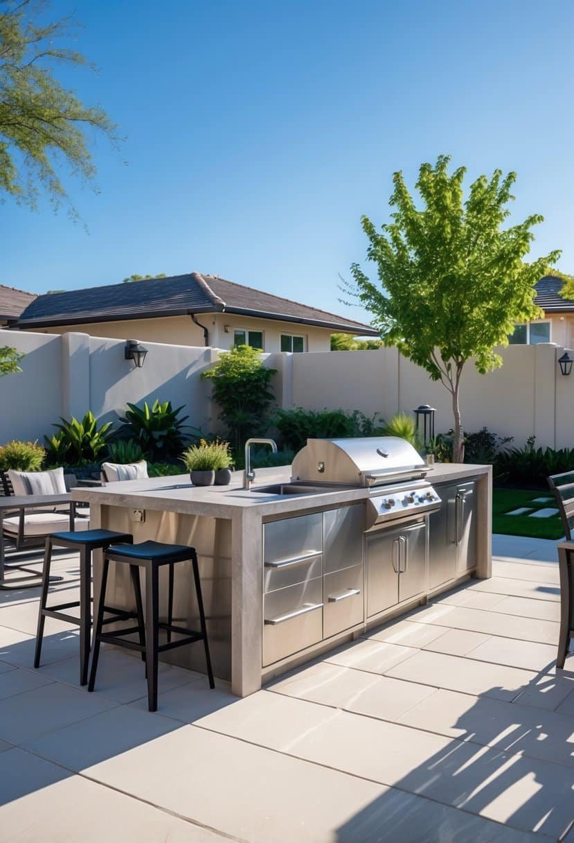 Outdoor kitchen area with a grill, countertop, seating, and surrounding garden under clear skies.